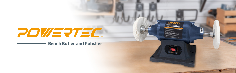 Powertec 6-Inch Bench Buffer and Polisher, Heavy Duty w/ 1/2 Arbor 1/2HP Motor and Max Speed 3450 RPM