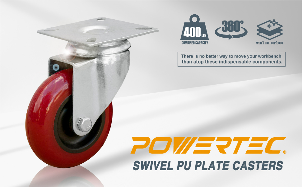 POWERTEC 17212 2-Inch Swivel PU Plate Casters 4-Pack Red 