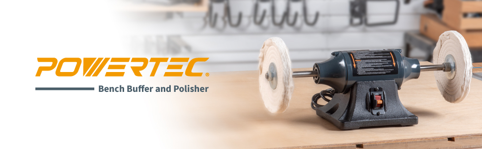 Powertec-8-Inch Bench Buffer and Polisher, Heavy Duty w/ 5/8 arbor 1/2HP Motor and Slow Speed 1750 RPM